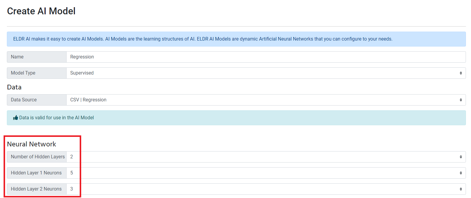 ELDR AI Create Regression Model One